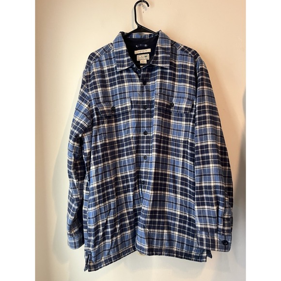 LL Bean Shacket Mens Large Blue Plaid Flannel Fleece Lined Shirt Jacket Chore - Picture 1 of 4